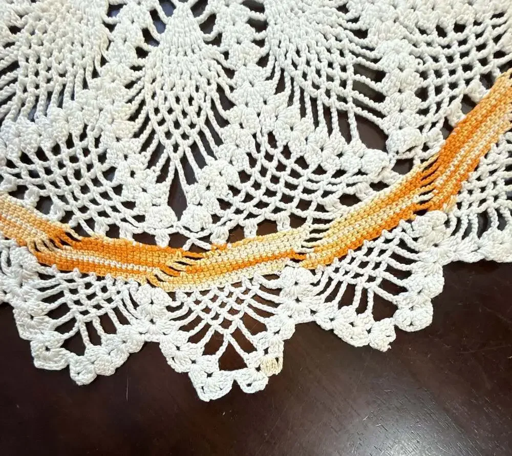 Vintage Hand-Crocheted White and Orange Pineapple Design Round Doily